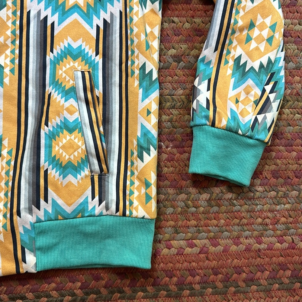 CRAZY TRAIN YELLOW & BLUE AZTEC GEOMETRIC WESTERN COUNTRY COWGIRL BOMBER JACKET - Picture 5 of 7